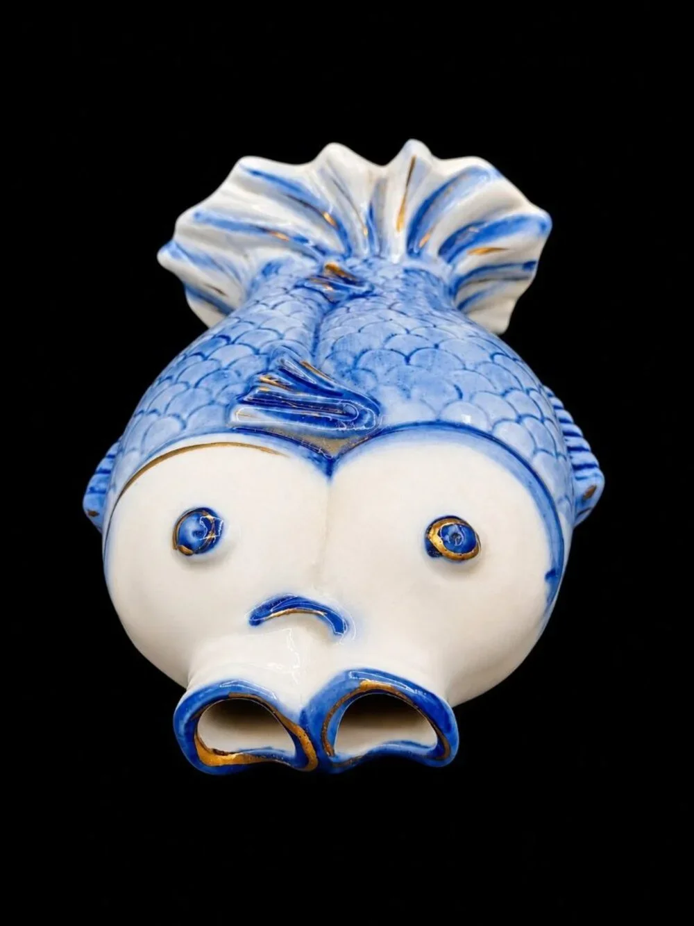 Mid-Century Modern Kissing Chinese Koi Fish Vase Figurine Blue White Porcelain